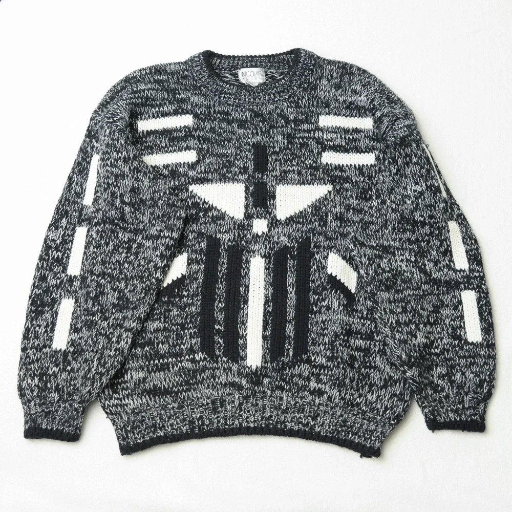 Vintage 90s Geometric Knit Sweater Mens M Black White Abstract Retro Graphic Dad